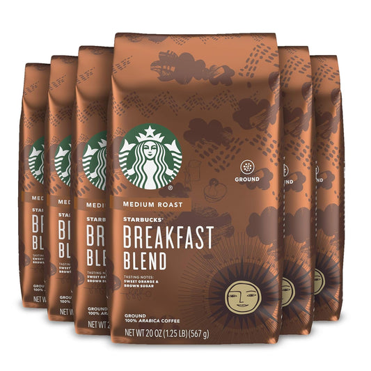 Starbucks Medium Roast Ground Coffee - Breakfast Blend - 100% Arabica - 6 Bags (20 Oz. Each)