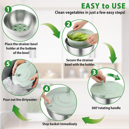 Salad Spinner Stainless Steel - 5.3 Qt Large Vegetable & Fruit Washer with 5 Blade Slicer