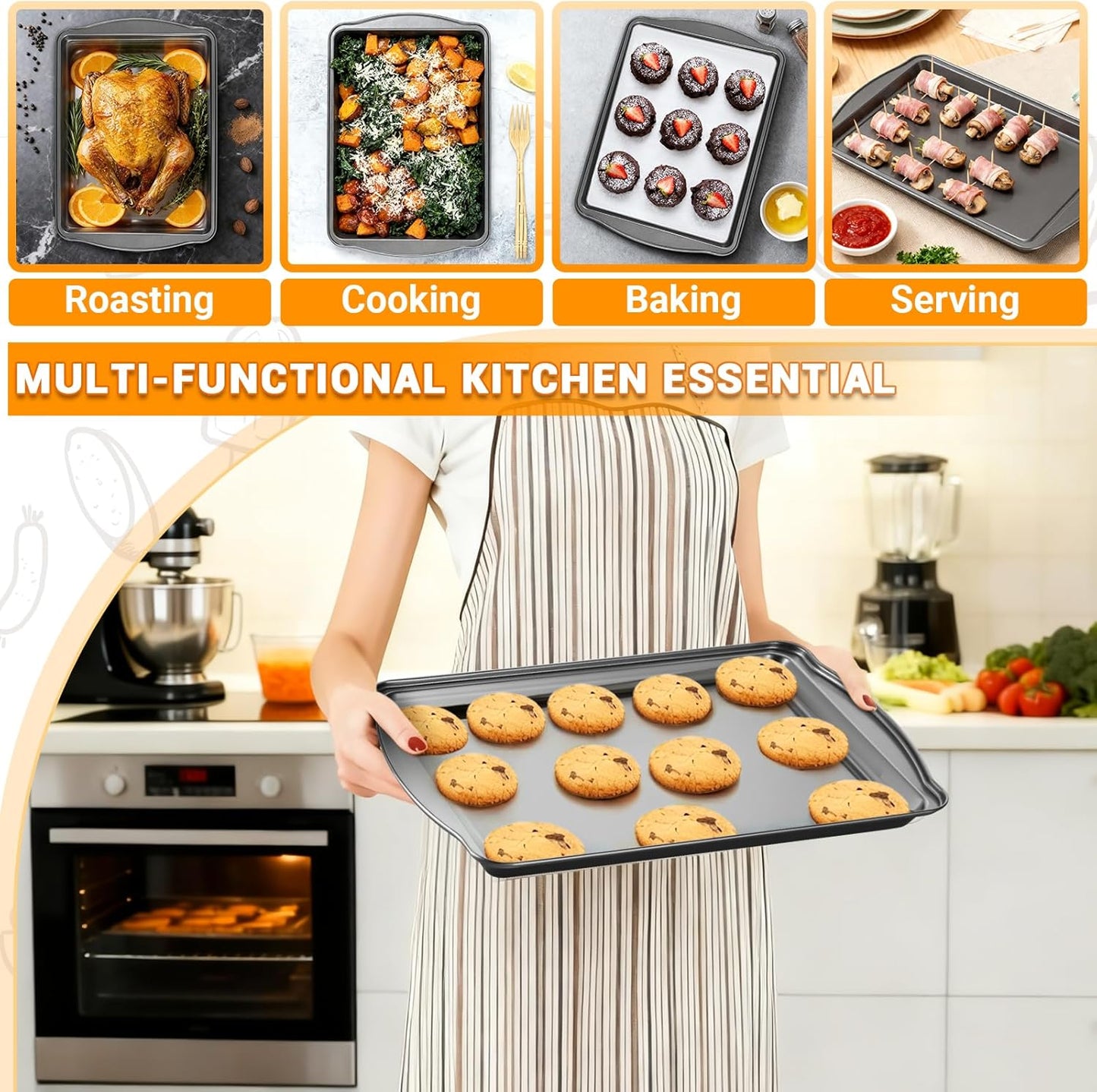 Skiennix Baking Pan Set of 3 - Nonstick Carbon Steel Sheets with Cooling Racks | 13/15/17 Inch, Rust & Warp Resistant