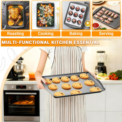 Skiennix Baking Pan Set of 3 - Nonstick Carbon Steel Sheets with Cooling Racks | 13/15/17 Inch, Rust & Warp Resistant