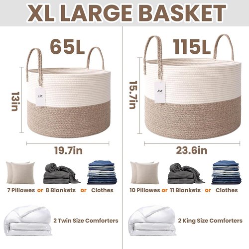 JMvicyroam Extra Large Blanket Basket - Woven Cotton Rope Laundry Hamper with Reinforced Handles | White & Brown