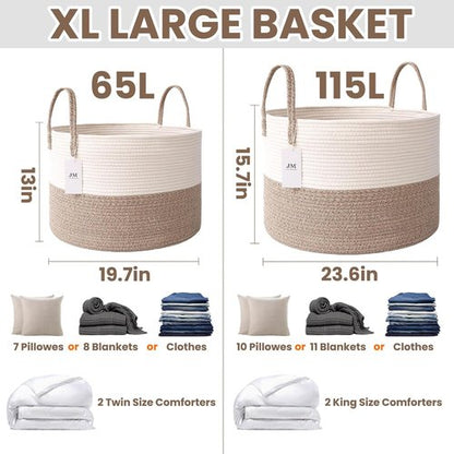 JMvicyroam Extra Large Blanket Basket - Woven Cotton Rope Laundry Hamper with Reinforced Handles | White & Brown