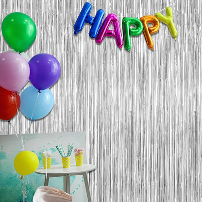 Metallic Silver Fringe Backdrop by [Brand Name] - 12 Pack Tinsel Curtains for Birthday & Disco Party Decor | 3.28 FT x 7.05 FT