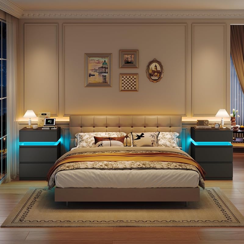 Nightstands Set of 2 with LED Lights, USB Charging Station & App Control, 23.8" Tall – Black+2 Drawers Variation