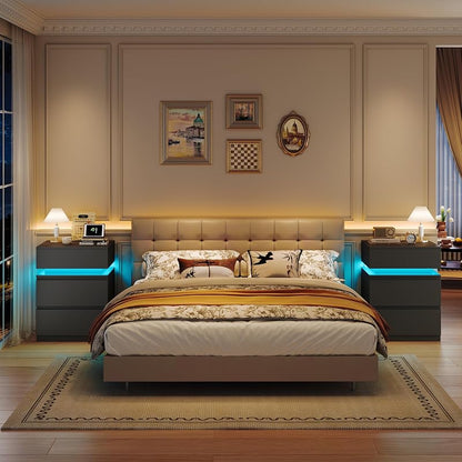 Nightstands Set of 2 with LED Lights, USB Charging Station & App Control, 23.8" Tall – Black+2 Drawers Variation