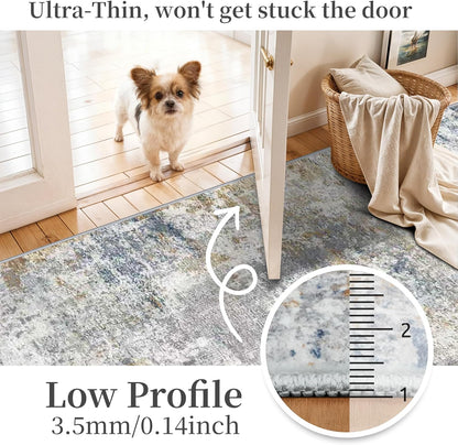 Skiennix Modern 2x5 Hallway Runner Rug - Abstract Washable Ultra Soft Non-Slip Carpet | Blue/Beige