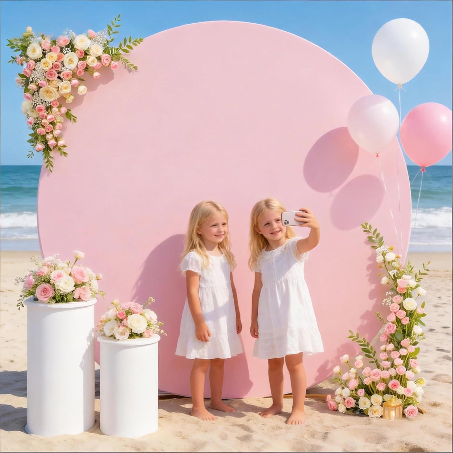 Skiennix 6.6 FT Round Backdrop Cover - Pink Spandex Wedding Circle Arch for Baby Showers & Parties