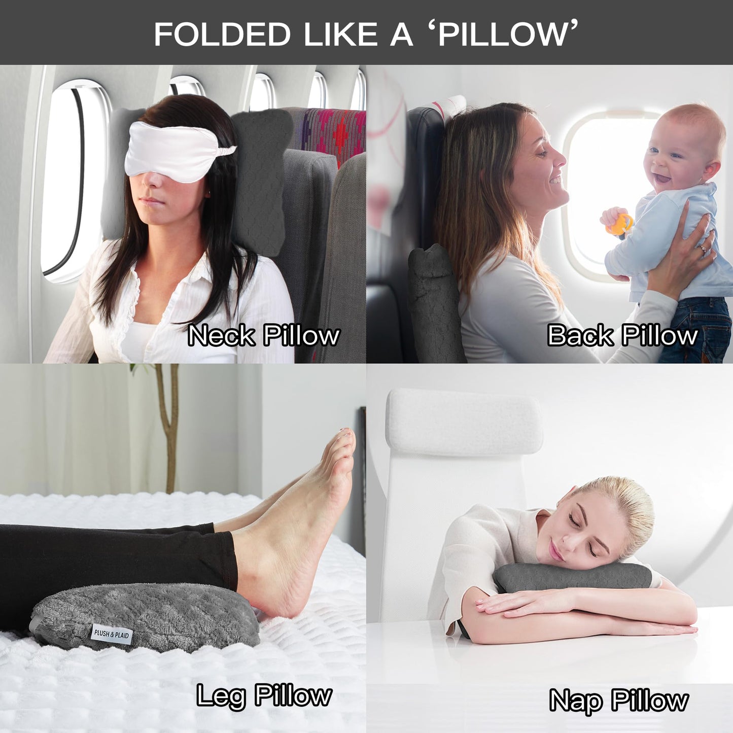 Plush & Plaid 2-Pack Travel Blanket Airplane Compact with Bag, Mid-Weight Soft Throw Blanket Pillow for Long/Short Flight, Portable Packable with Luggage Sleeve and Backpack Clip, 40x65, Gray