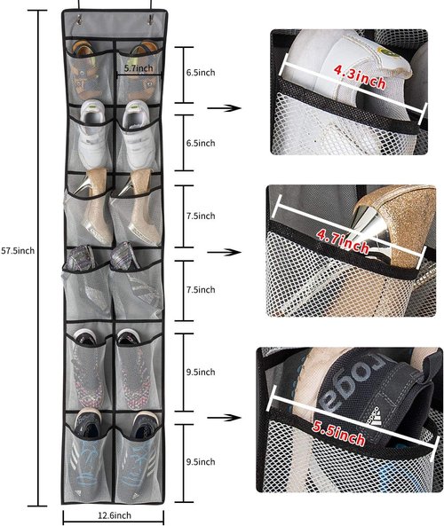 KEEPJOY Over The Door Shoe Organizer - 2 Pack Mesh Pockets Hanging Rack | Large 57.5"x12.6" Grey Storage Solution