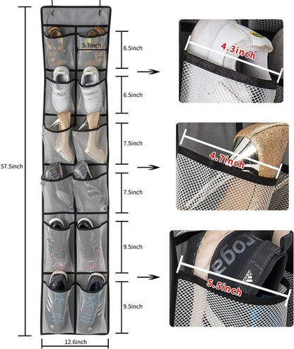 KEEPJOY Over The Door Shoe Organizer - 2 Pack Mesh Pockets Hanging Rack | Large 57.5"x12.6" Grey Storage Solution