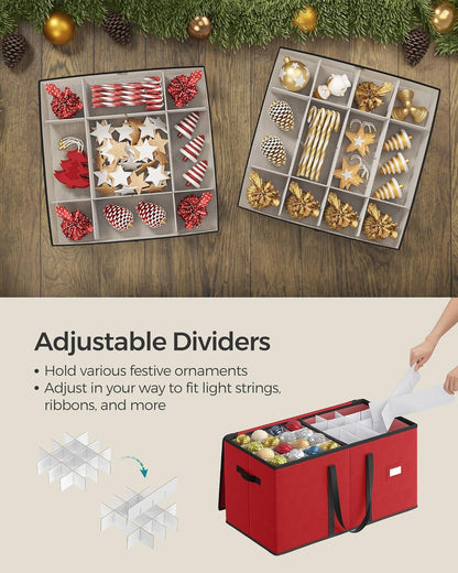 SONGMICS Christmas Ornament Storage Box - Stackable Dual Zipper Container with 128 Slots - Cherry Red