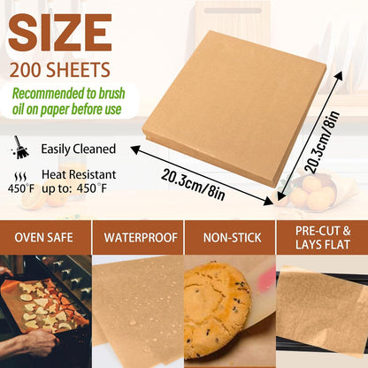 Skiennix Parchment Paper Sheets - 200 Pcs Unbleached Non-Stick Baking Liners | 8x8 Inch Natural Brown
