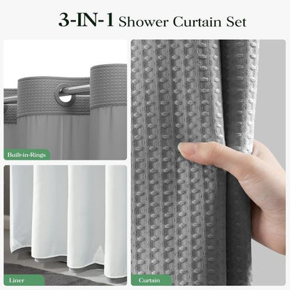 Dynamene Grey Hook Free Shower Curtain & Snap in Fabric Liner with Magnets, Waffle Weave Shower Curtains for Bathroom, Mesh Top Window, Less Time 3 in 1 Shower Curtain and Liner Set, 72" W x 75" L