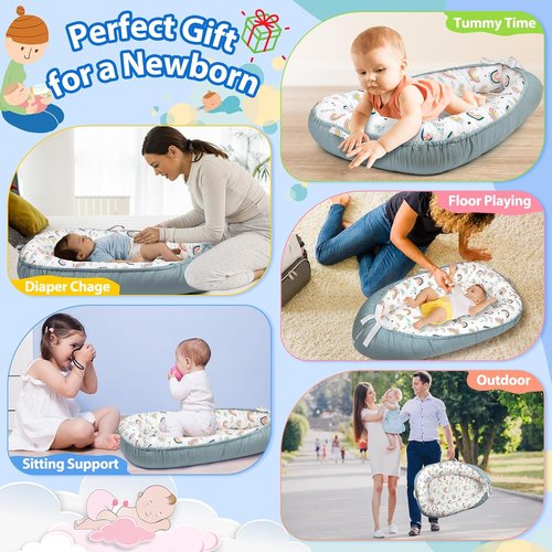 BUTOA Baby Lounger - Soft & Breathable Newborn Nest for 0-24 Months | Portable & Lightweight (Blue-Rainbow)