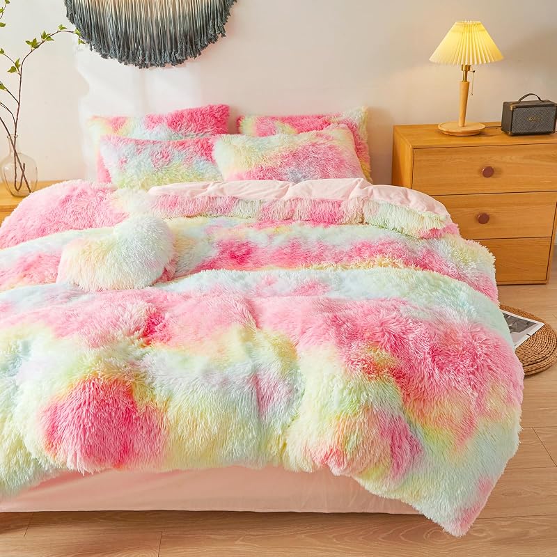 Besfunny Rainbow Faux Fur Twin Comforter Cover Set - 2-Piece Plush Bedding (66x90) Rainbow Twin Variation