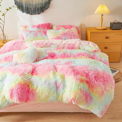 Besfunny Rainbow Faux Fur Twin Comforter Cover Set - 2-Piece Plush Bedding (66x90) Rainbow Twin Variation