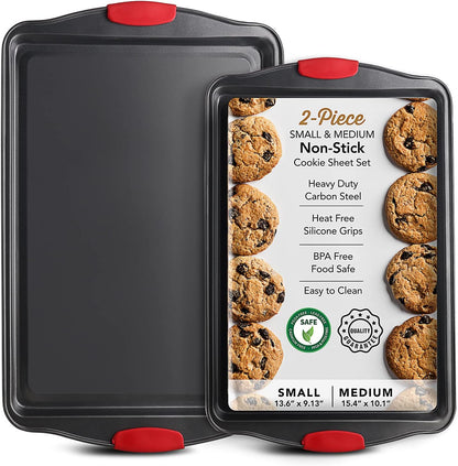Skiennix Baking Sheet Set - 2-Piece Nonstick Cookie Sheets with Silicone Handles | Durable Steel, BPA Free, Black