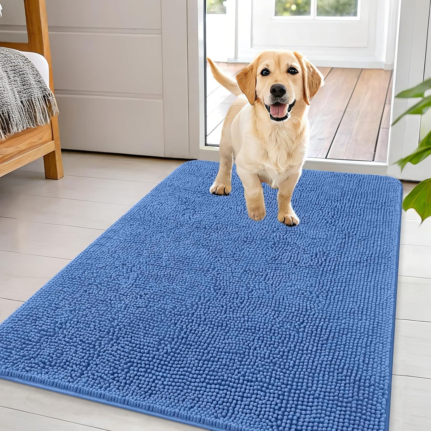 OLANLY Dog Door Mat - Absorbent Non-Slip Chenille Mat for Muddy Paws | 44x32, Cornflower Blue