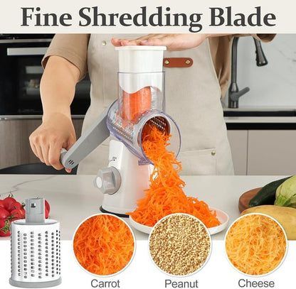 Cambom 5-in-1 Rotary Cheese Grater - Hand Crank Shredder with Non-Slip Base & Five Blades - White