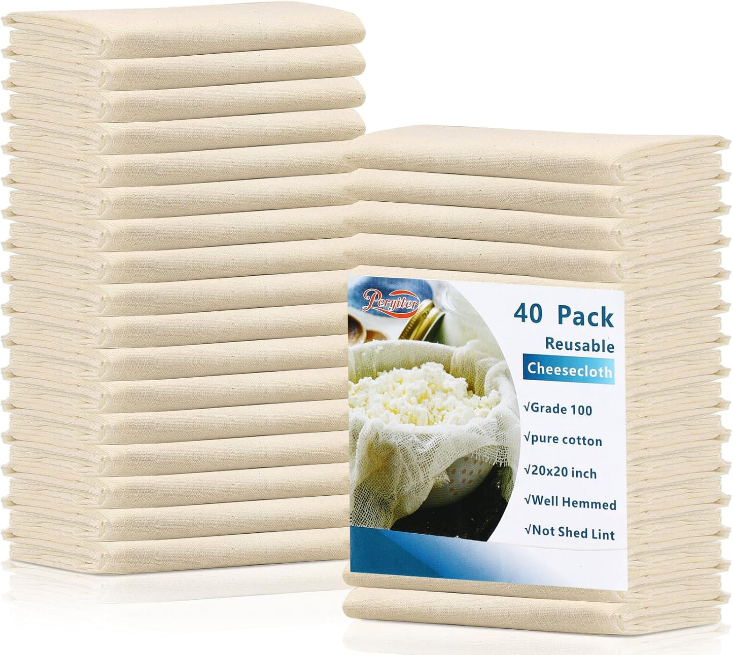 Peryiter Cheese Cloth - 40 Pcs Unbleached Cotton Straining Fabric | 20x20 Inch Reusable Muslin Bags for Cheese Making & Juicing