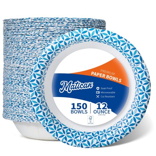 MATICAN Paper Bowls 12 oz, 150-Count Disposable Bowls, Heavy Duty Soak-Proof and Microwave-Safe Paper Bowls with Infinity Petal Design, Great for Soup, Salad, Snacks, and Party Use