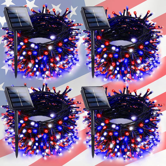 Skiennix 4th of July Outdoor Decorations - 4pk Red, White & Blue Solar String Lights | 400 LEDs, 132FT, Waterproof