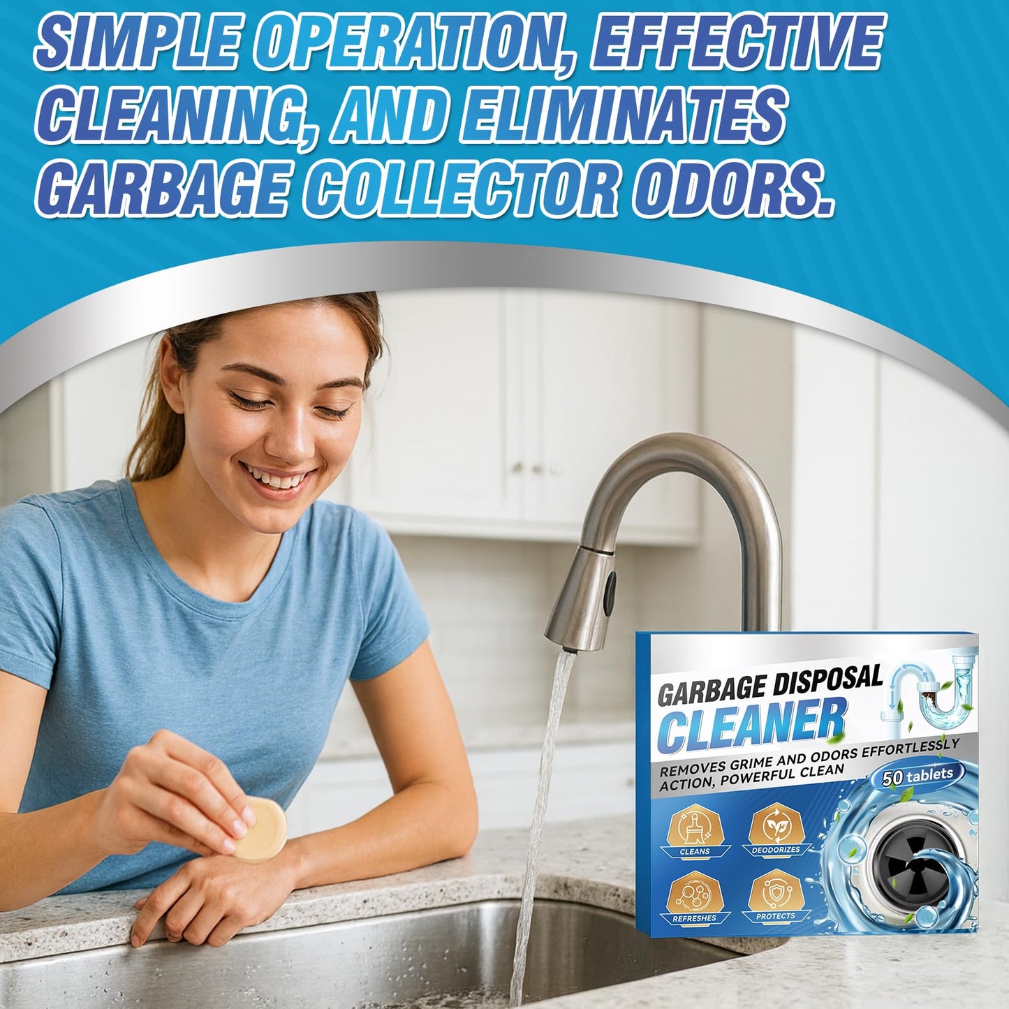 Yeardera Garbage Disposal Cleaner and Deodorizer Tablets - 50 Count (1-Year Supply), Powerful Foaming Sink Cleaner, Quickly Eliminates Odors, Natural Drain Odor Eliminator for Kitchen Disposal Care