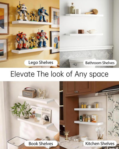 BAYKA Floating Shelves White, 22.5 inch Rustic Wood Wall Mounted Shelves for Bathroom, Bedroom, Living Room, Kitchen & Office, Hanging Shelf Deocr Display with 22 lbs Capacity, Set of 2