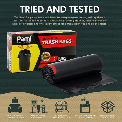 PAMI 30-Gallon Drawstring Trash Bags - Extra-Strong, Thick, Unscented Garbage Liners | 8-Pack, Black