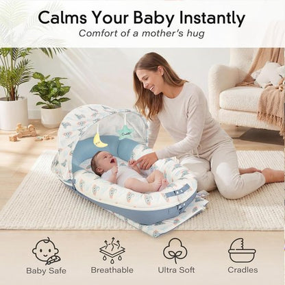 JollyBoo® Deluxe Infant Lounger Pillow - Portable Bamboo-Cotton Baby Nest with Sunshade & Plush Toys | Soft, Breathable Design for 0-24 Months (Blue Elephant)