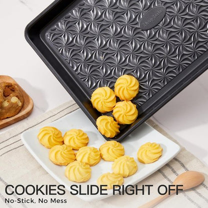 HONGBAKE Nonstick Baking Sheet Pan Set - Heavy Duty 0.8mm Thick Cookie Sheets | Dark Gray, Floral Swirl Design