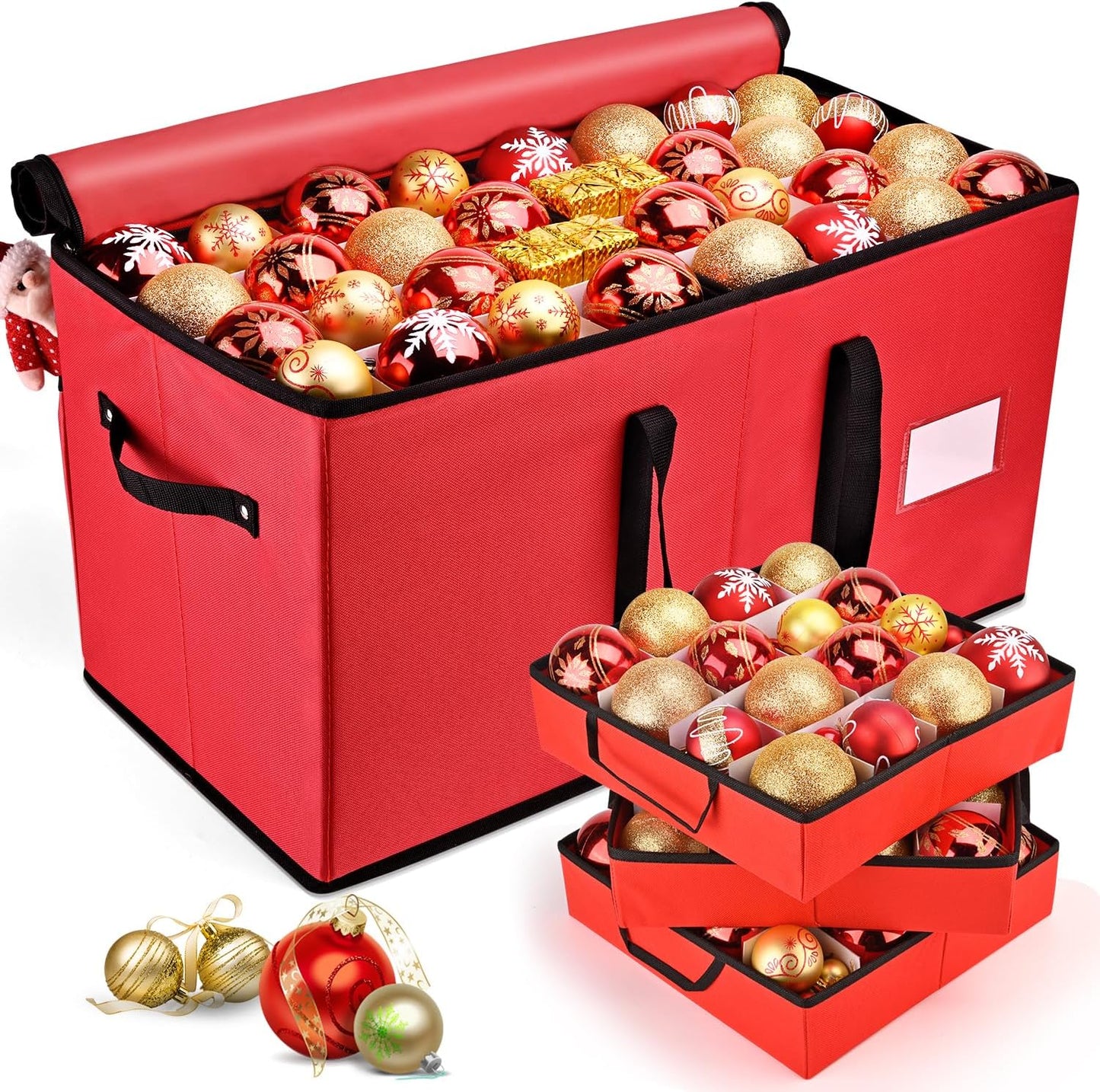 Mrrihand Ornament Storage Box - Dual Zipper Holiday Decoration Organizer for 128 3-Inch Ornaments (Red)