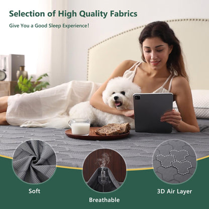 Queen Size Waterproof Mattress Protector, 40% Rayon Derived from Bamboo Grey Mattress Pad Cover, 3D Air Fabric Breathable Mattress Pad Fitted with Deep Pocket 6"- 15" Machine Washable