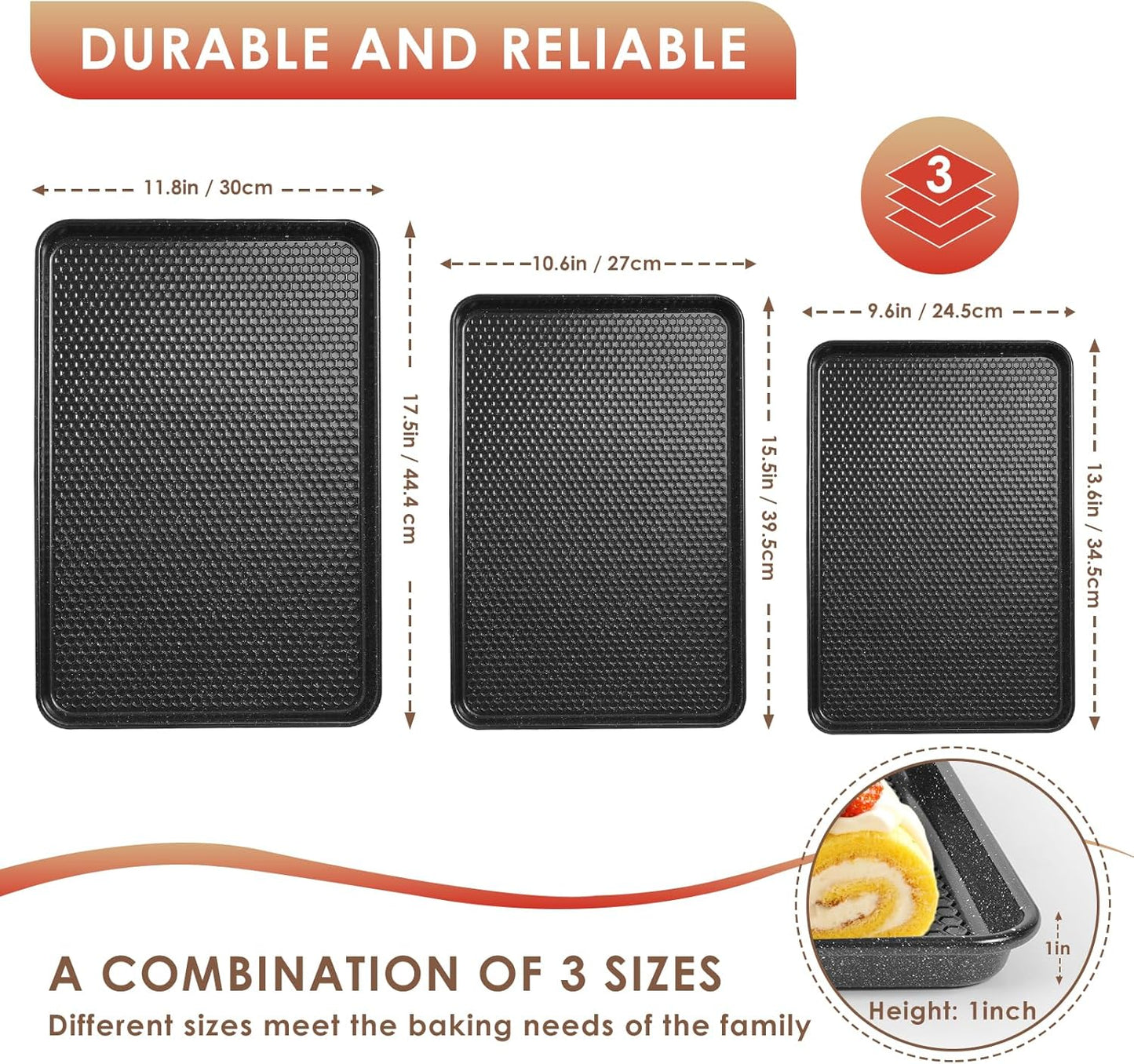 Skiennix Baking Sheet Pan Set - Nonstick Carbon Steel Cookie Sheets | Heavy Duty, Easy Clean, 3-Piece Set