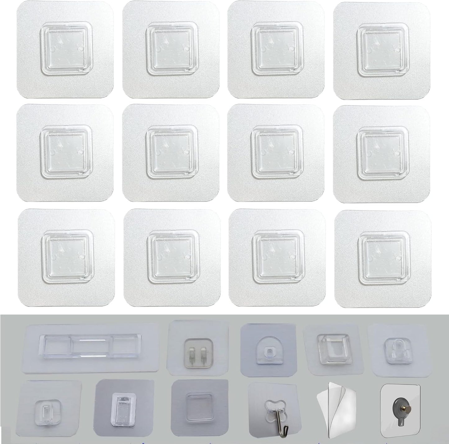 Skiennix 12 PCS Wall Mounted Sticky Pads - Nail-Free Adhesive Hooks for Kitchen & Bathroom | Square Design