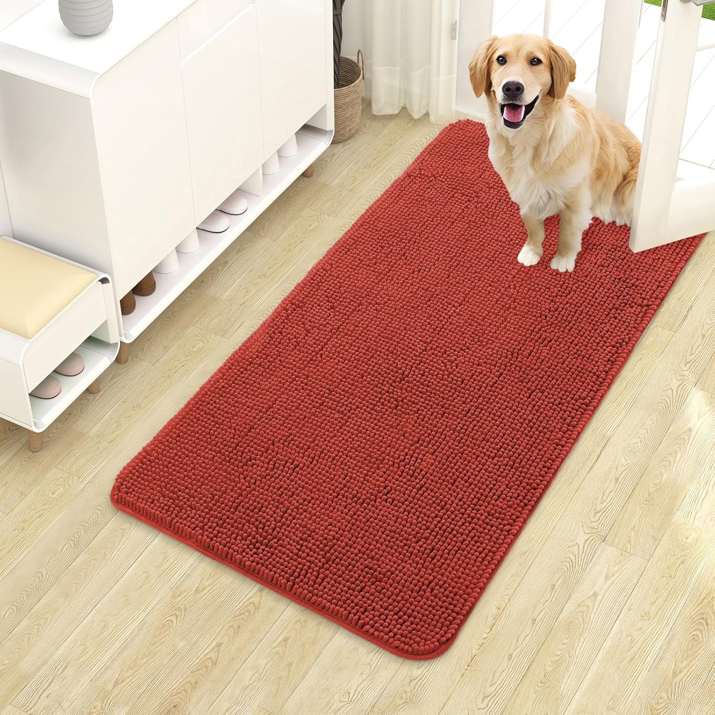OLANLY Dog Door Mat - Absorbent Non-Slip Washable Doormat for Muddy Paws | 40x24 Maple Red