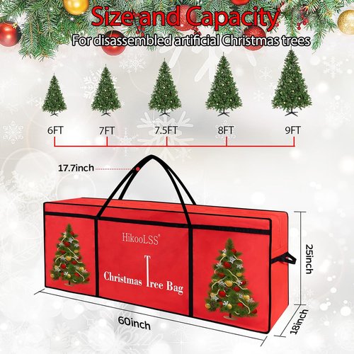 HikooLSS Christmas Tree Storage Bag - Heavy Duty 600D Oxford for 7.5 Ft Artificial Trees | Red 60x18x25in