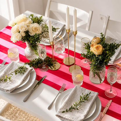 Ruffle Table Runner 13x72 inch - Boho Pink Red Striped Decorative Home Wedding Party