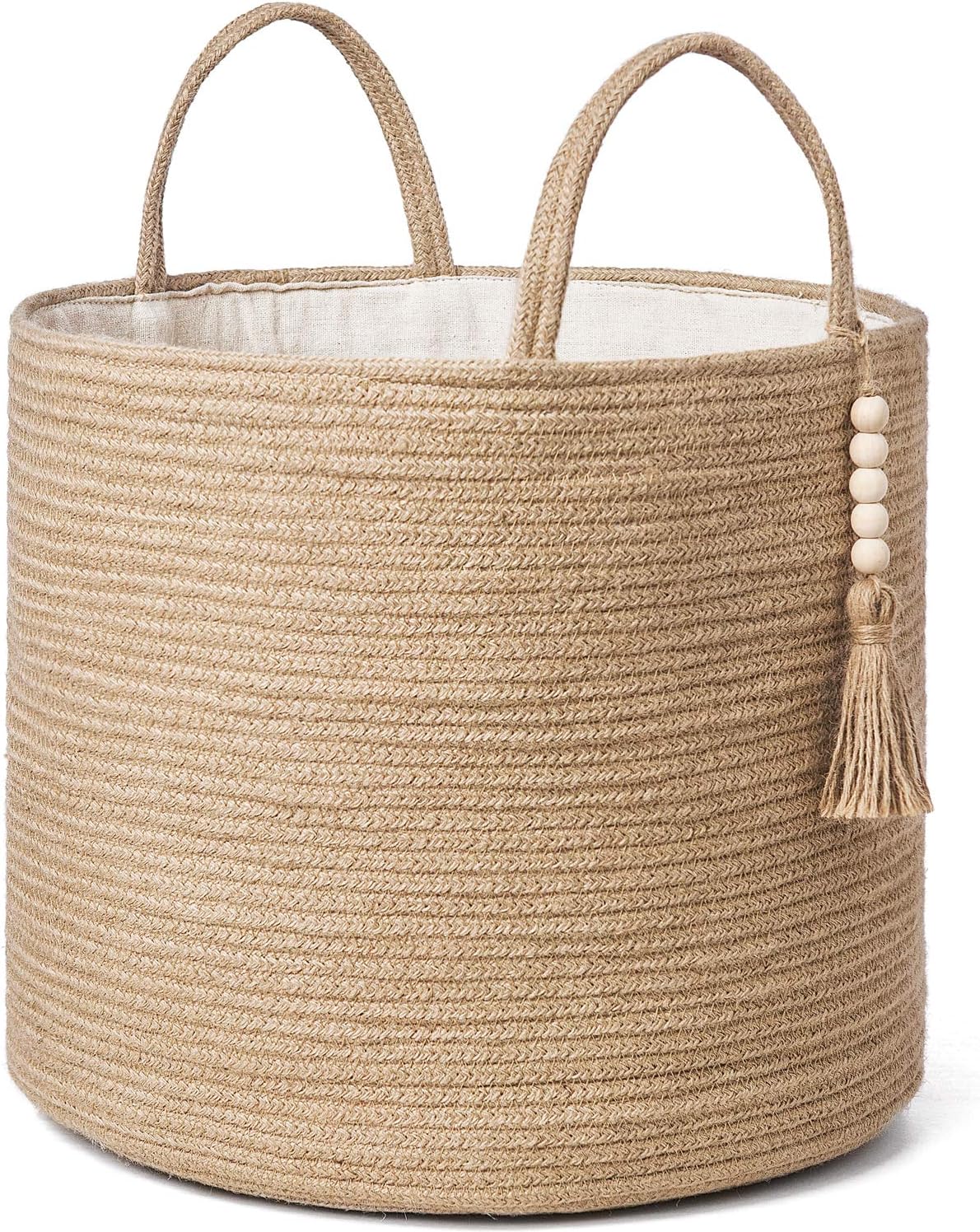 Mkono Woven Storage Basket - Decorative Natural Rope Organizer Bin with Wooden Bead Accents | 16" W × 13.8" L