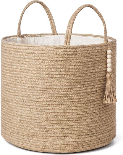 Mkono Woven Storage Basket - Decorative Natural Rope Organizer Bin with Wooden Bead Accents | 16" W × 13.8" L