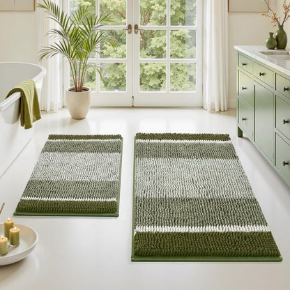 HOMEIDEAS Sage Green Bathroom Rugs, 2 Piece Thick Absorbent Fluffy Striped Chenille Bath Rugs Set, Non Slip, Soft Shaggy Bath Mats for Green Bathroom Decor, 20" x 32" Plus 17" x 24"