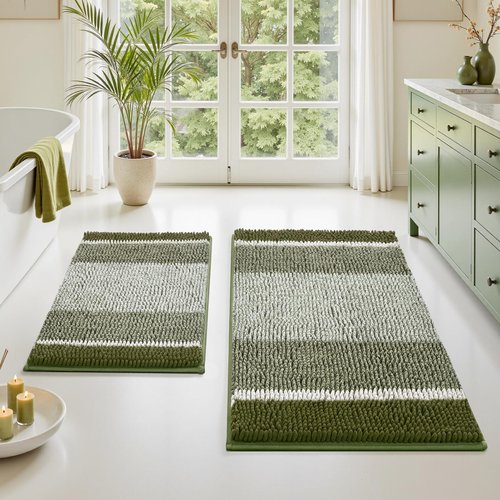 HOMEIDEAS Sage Green Bathroom Rugs, 2 Piece Thick Absorbent Fluffy Striped Chenille Bath Rugs Set, Non Slip, Soft Shaggy Bath Mats for Green Bathroom Decor, 20" x 32" Plus 17" x 24"
