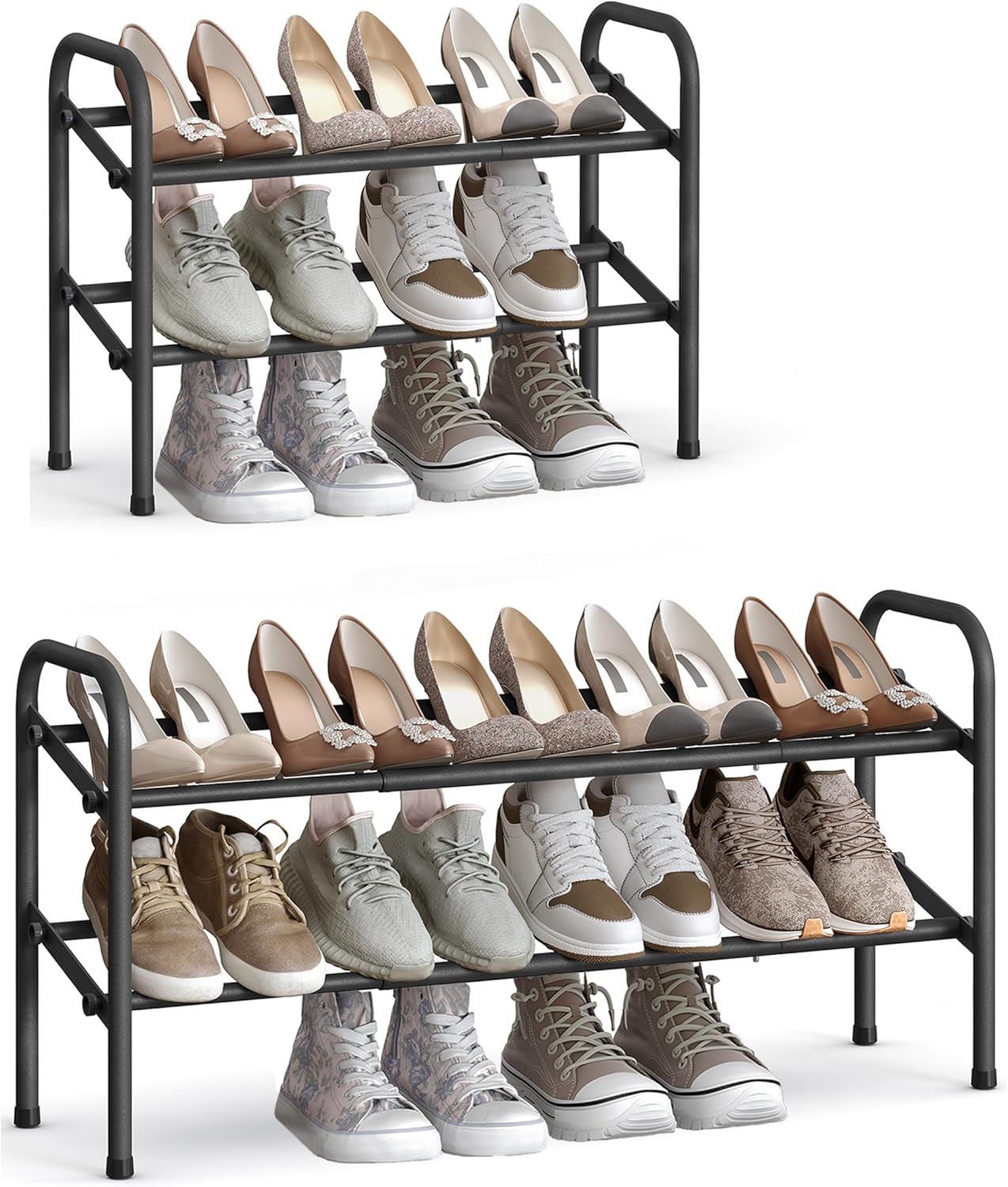 SONGMICS Expandable Shoe Rack - Adjustable 2-Tier Organizer for 15 Pairs - Metal Free Standing, Ink Black