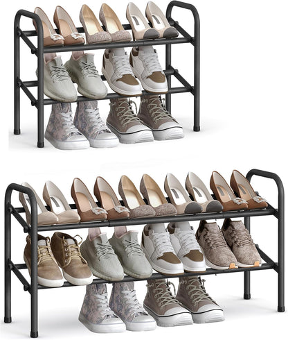 SONGMICS Expandable Shoe Rack - Adjustable 2-Tier Organizer for 15 Pairs - Metal Free Standing, Ink Black