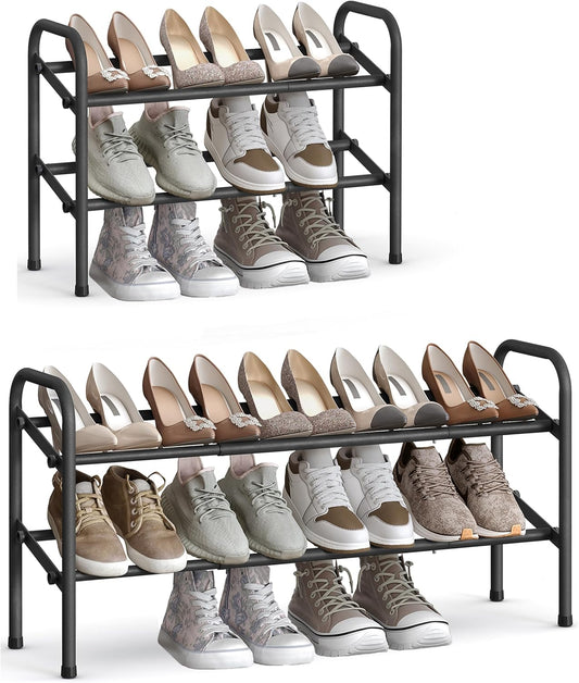 SONGMICS Expandable Shoe Rack - Adjustable 2-Tier Organizer for 15 Pairs - Metal Free Standing, Ink Black