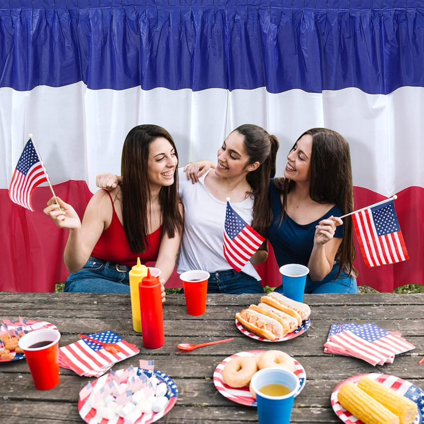 Patriotic Table Skirts by 3 Pack - Red, White & Blue Disposable Decorations | 2.4 x 14 Ft for 4th of July Celebrations