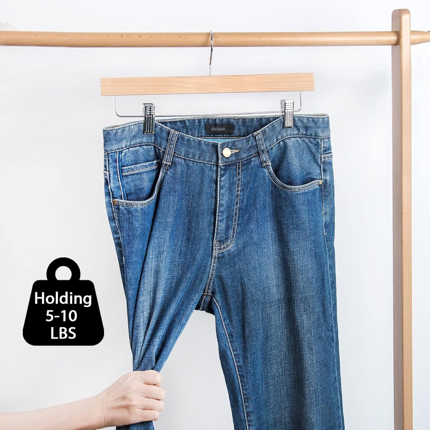 Nature Smile Deluxe Wooden Pants Hangers - Solid Lotus Wood with 2 Adjustable Clips | Pack of 10 (Natural)