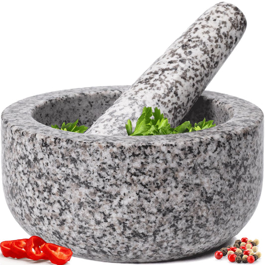 Heavy Duty Natural Granite Mortar and Pestle Set, Hand Carved, Make Fresh Guacamole, Salsa, Pesto, Stone Grinder Bowl, Herb Crusher, Spice Grinder, 1.5 Cup Size, White