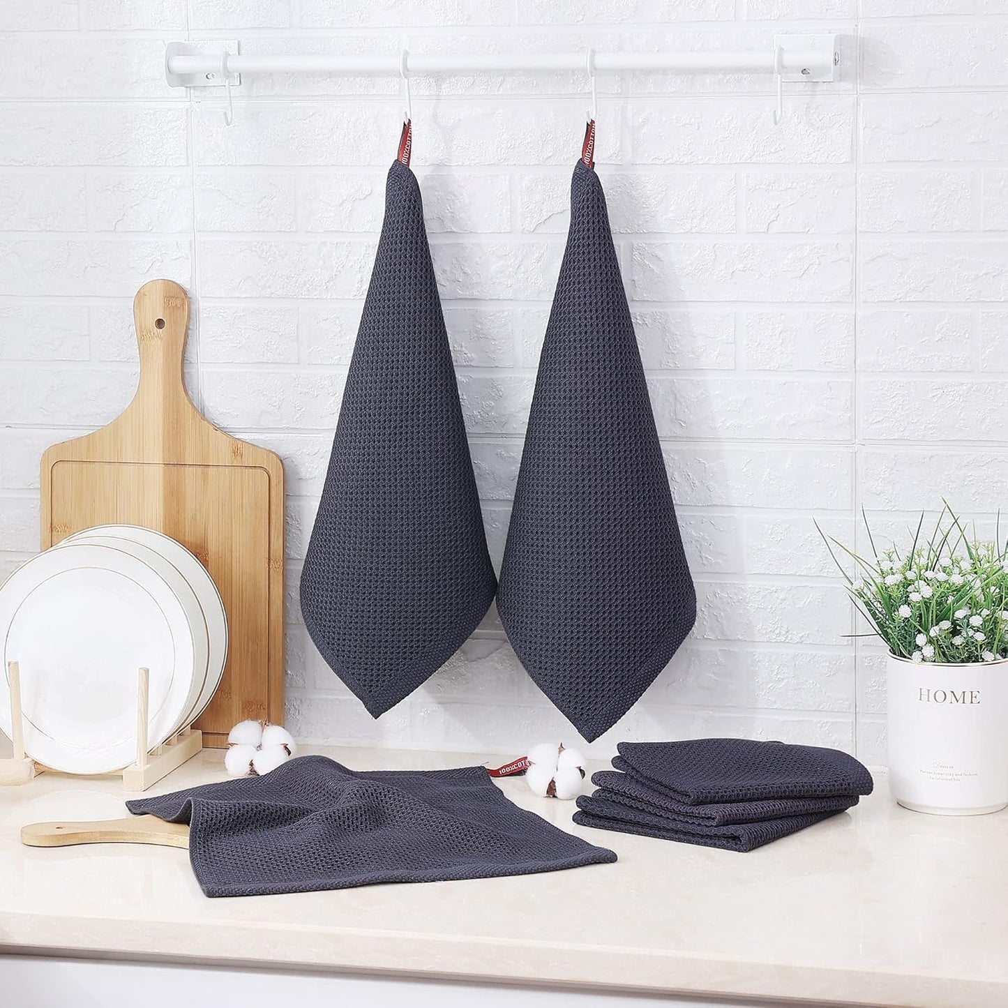 Skiennix 100% Cotton Waffle Weave Kitchen Towels - Ultra Soft & Absorbent 8 Pack | Quick Drying, Dark Grey, 12x12 Inches