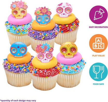 DecoPac Calavera Mask Cupcake Toppers - 24 Día de los Muertos Skull Mask Rings for Celebrations